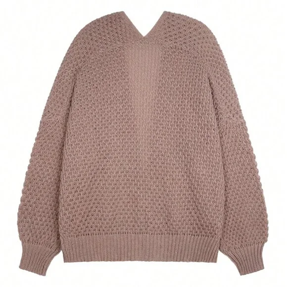 Khaki Casual Women's Dropped Shoulder Long Sleeve Hollow Out Loose Cardigan - Picture 3 of 7